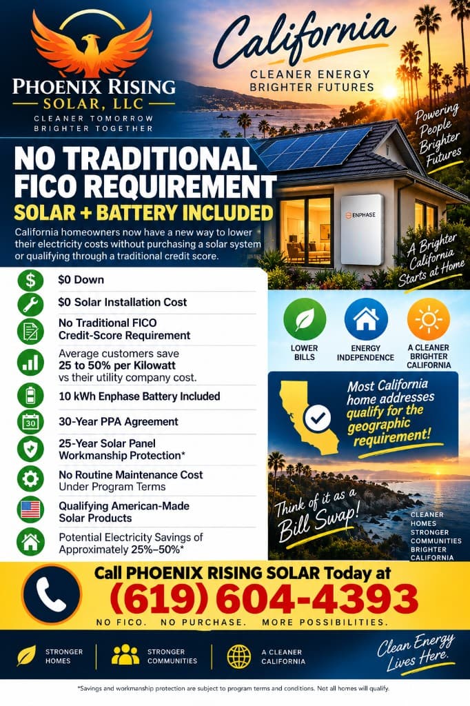 Phoenix Rising Solar California flyer: no traditional FICO requirement, solar plus battery included, $0 down